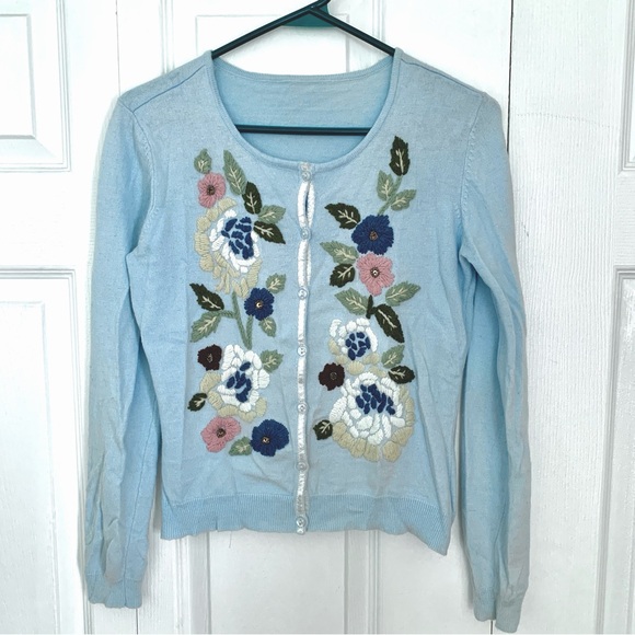 Vintage Baby Blue Floral Embroidered Cardigan - Picture 1 of 4